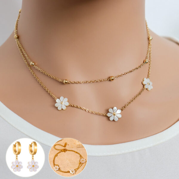 Fashion Daisy-Flower Jewelry Set of Double-Layering Necklace, Bracelet & Earrings